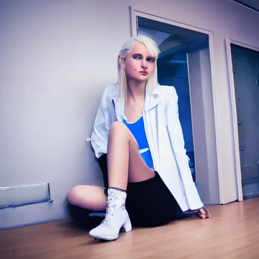 Prompt: Platinum-blonde-haired hime-cut blue-eyed 23-year-old French empress wearing white leggings, black jacket, boots, sitting in public housing apartment, futuristic gadgets, plain room, 8mm photo