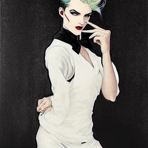 Image similar to beautiful portrait of androgynous ruby rose as desire from sandman in a white tuxedo!!!, rockabilly style,, by alphonse mucha, by jeremy mann, by peter lindbergh, dave mckean, by frank moth, by cedric peyravernay, white suit and black tie, soft lightning, high detailed, 8 k