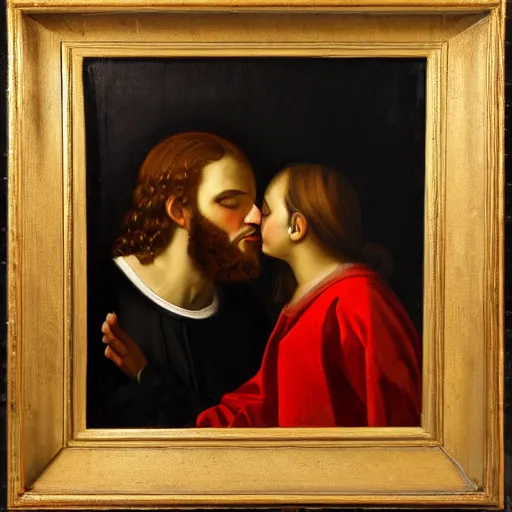 Image similar to an oil panting of a jesus kissing maria maddalena