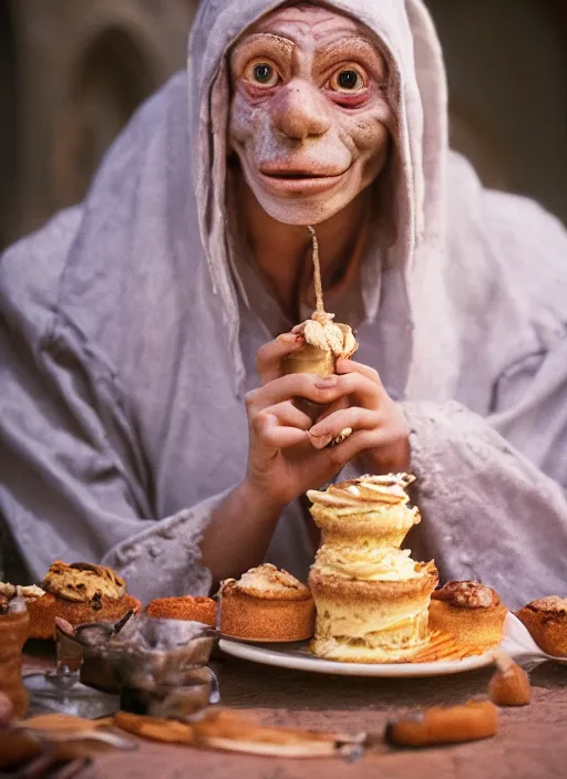 Image similar to closeup portrait of a medieval goblin eating cakes in the cloisters, depth of field, zeiss lens, detailed, symmetrical, centered, fashion photoshoot, by annie leibovitz and steve mccurry, david lazar, jimmy nelsson, breathtaking, 8 k resolution, extremely detailed, beautiful, establishing shot, artistic, hyperrealistic, beautiful face, octane render