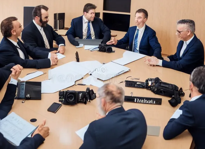 Prompt: photo of a cats board meeting of cats in suits. Highly detailed 8k. Intricate. Sony a7r iv 55mm. Stock photo.
