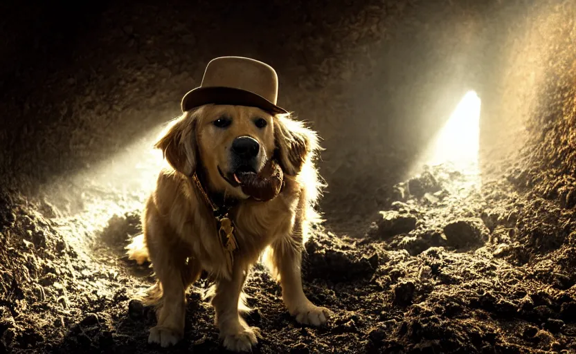 Prompt: a golden retriever in a dark gold mine wearing a wild west jacket and wearing a western hat and finding piles of gold nuggets, covered in soot, moody lighting, light rays coming from tunnel entrance, stylized photo