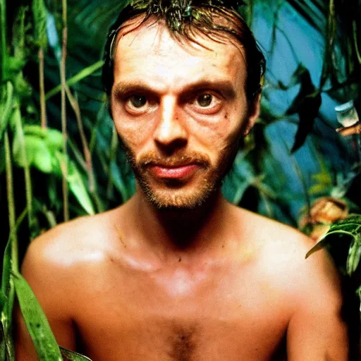 Image similar to portrait of a mad high guy on drugs in the middle of a blue jungle at night in rain photographed by Andrej Tarkovsky, kodak 5247 stock