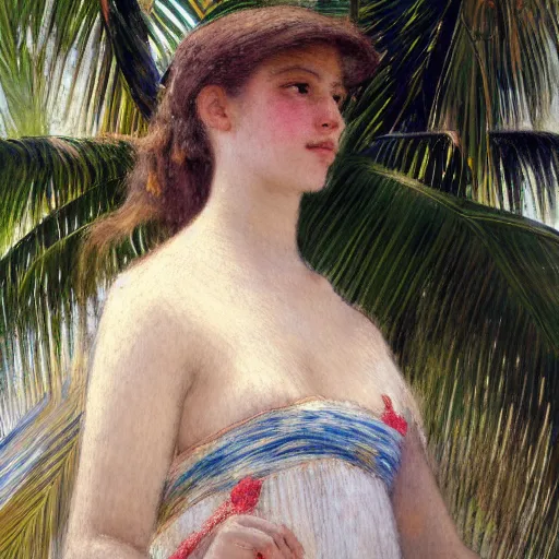 Image similar to a ultradetailed beautiful painting of a girl in the amazonas palace designed by jules bastien - lepage, hans belmer, frank weston and gustave baumann, beach, trending on artstation, mediterranean, palm trees, light sparkles, sharp focus, soft light, 8 k 4 k