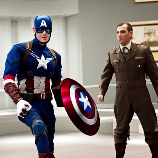 Image similar to a still of buster bluth dressed as captain america in captain america ( 2 0 1 1 )