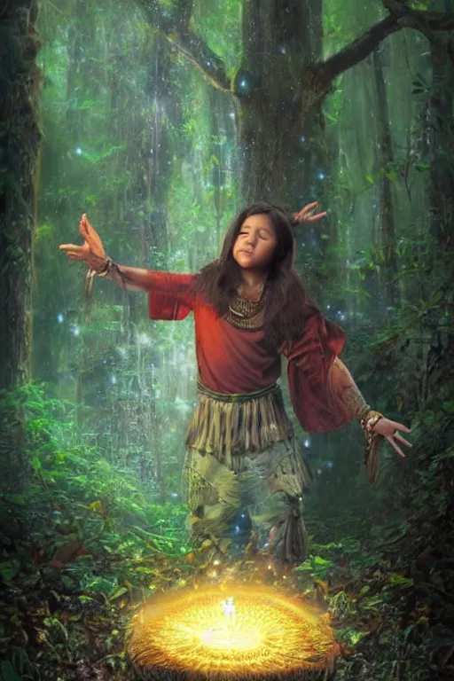 Image similar to photorealistic photo of an aztec sorcerer casting a powerful spell in a dark forest, by lilia alvarado, lilia alvarado art,