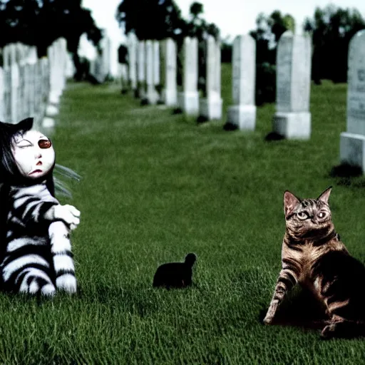 Prompt: The movie still from Tim Burton movie featuring a cat and a dog and a cemetery