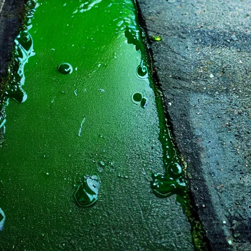 Prompt: a small sticky puddle of green luminous goop on the pavement in a back alley, in the style of a pixar movie