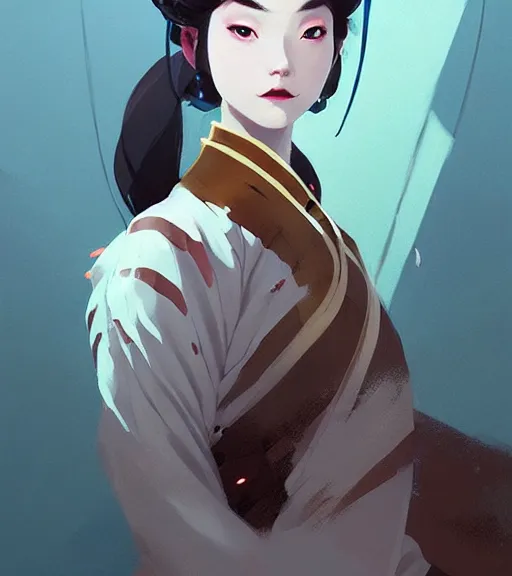 Prompt: portrait of a female immortal in amazing chinese dress 汉 服 by atey ghailan, by greg rutkowski, by greg tocchini, by james gilleard, by joe fenton, by kaethe butcher, dynamic lighting, gradient light blue, brown, blonde cream and white color scheme, grunge aesthetic