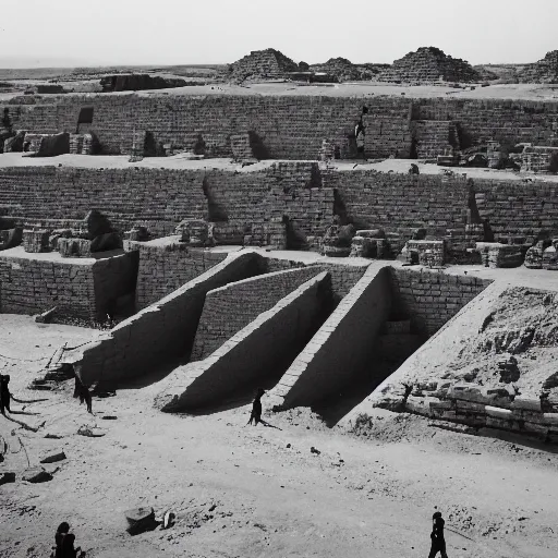 Image similar to a wide angle photograph of people building an egyptian pyramid in 3 0 0 0 bc. traditional tools being used. ancient building techniques on display. beautiful morning lighting. the photo shows the pyramid partially complete. large stones are also present, being moved into position by many workers. workers are wearing traditional clothes for the time