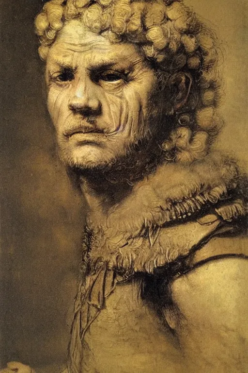 Prompt: sneering roman legioneer, blonde short hair. big muscles. by Rembrandt.