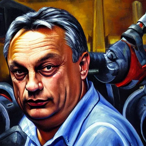 Image similar to viktor orban in a metal workshop, oil painting