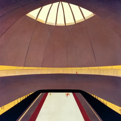 Prompt: interior of a futuristic lotus temple with gold, red and white marble panels, in the desert, by syd mead, intricate contemporary architecture, photo journalism, photography, cinematic, national geographic photoshoot