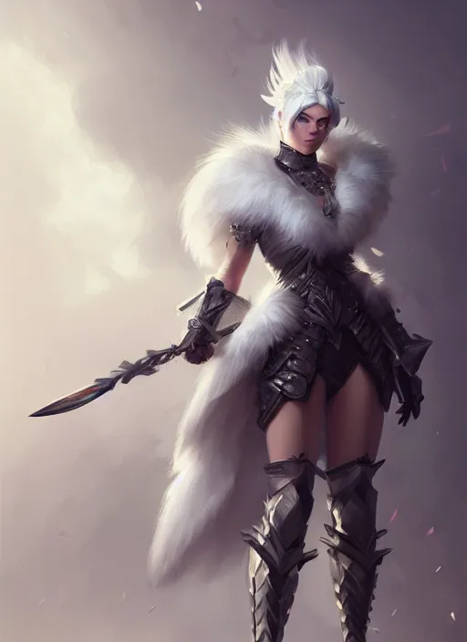 Image similar to fur - lined armor!!! beautiful and elegant white haired female!! gorgeous ayes!! character concept art, sharp focus, octane render! unreal engine 5! highly rendered!! trending on artstation!! detailed linework!! illustration by bussiere rutkowski andreas rocha