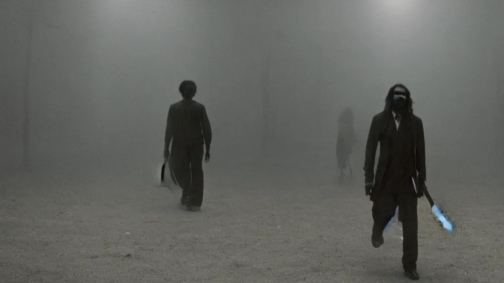 Prompt: photo from distance of a black man with long curly hair, carrying a electric guitar, walking out of from the past door, film still from the movie directed by Denis Villeneuve with art direction by Zdzisław Beksiński, wide lens