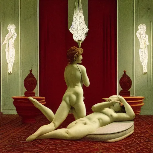 Prompt: a goddess in a liminal room, film still by wes anderson, depicted by canova, limited color palette, very intricate, art nouveau, highly detailed, lights by hopper, soft pastel colors, minimalist