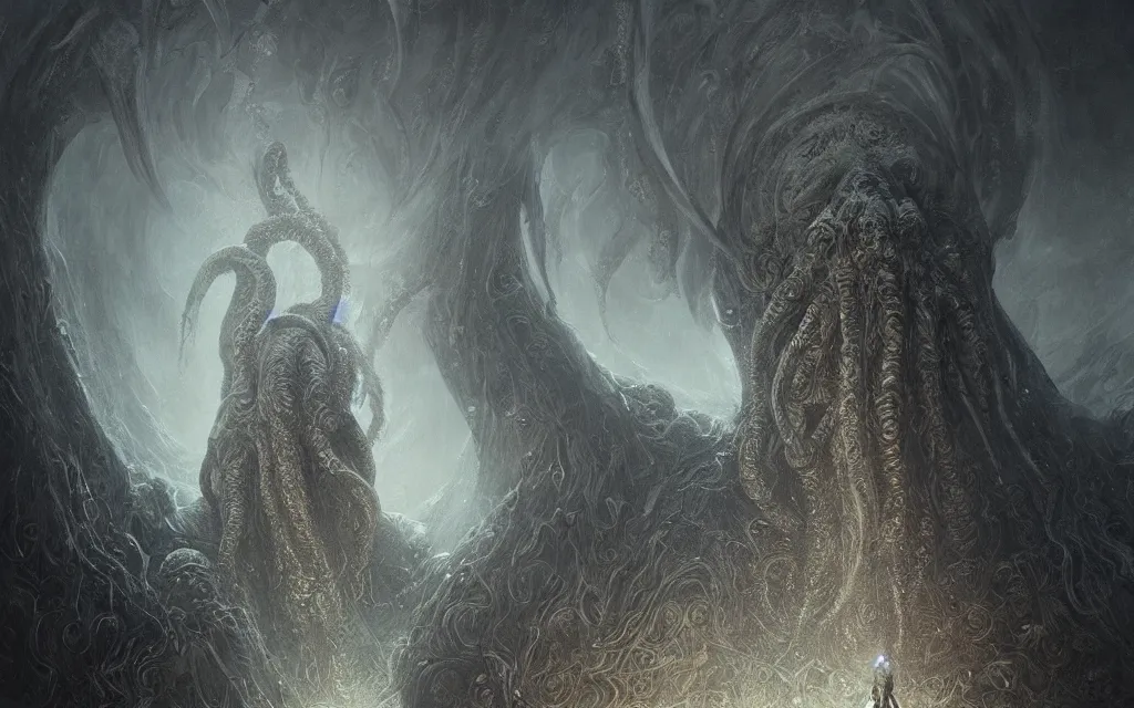 Prompt: human looking at big monstrosity portrait of cthulhu, hyperdetailed, artstation, cgsociety, by greg rutkowski, by gustave dore