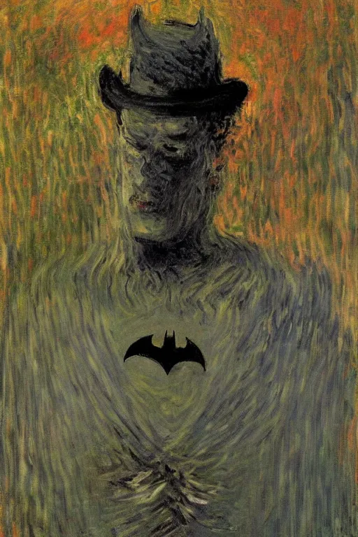 Image similar to Batman portrait impresionism painting by Claude Monet, night