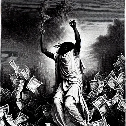 Image similar to cheef keef ascending into heaven holding stacks of cash, biblical image, style of gustave dore, highly detailed, beautiful, high contrast, black and white