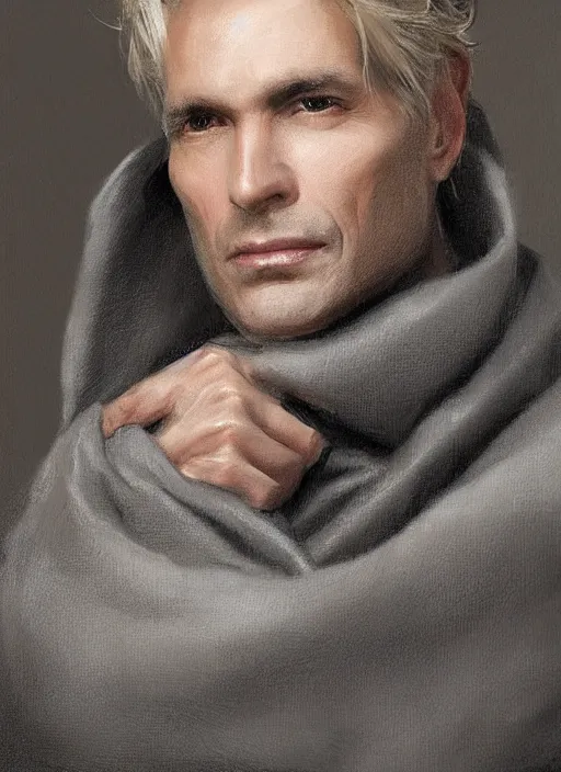 Image similar to a clean shaven man aged 4 0 with tousled blonde hair and hazel eyes and a friendly expression. he is handsome and wearing a grey cloak. head and shoulders portrait painting by greg rutkowski and raymond swanland.