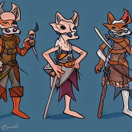 Image similar to stylised concept art of a D&D kobold in alternate outfits