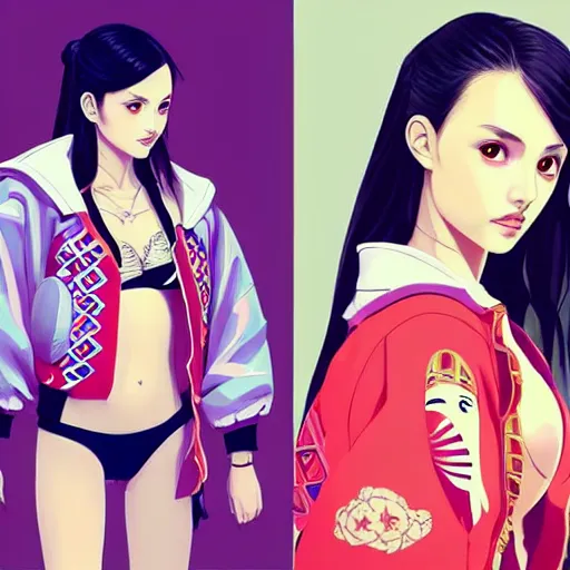 Prompt: a beautiful young japanese natalie portman alluring gravure model, stylized concept art, wearing elaborate oversized designer bomber jacket and one piece bikini, bulky bomber jacket with mesoamerican patterns, mesoamerican native street fashion, princess mononoke, painted by ilya kuvshinov aesthetic, gorgeous, stunning, alluring, attractive, artstation, pinterest, digital art