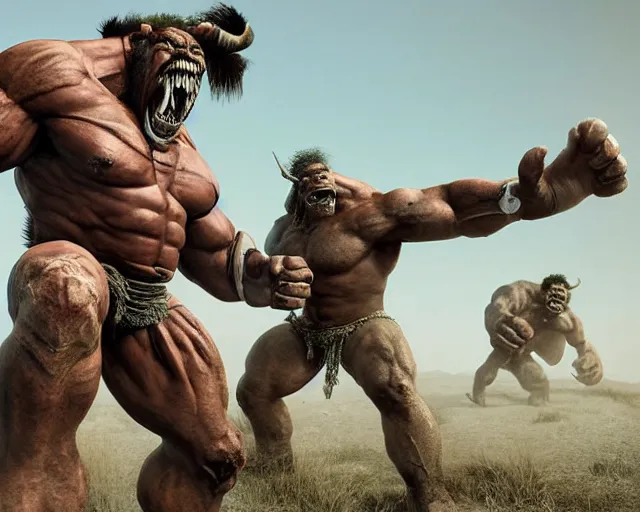 Image similar to hyper realistic group vintage photograph of a warrior orc tribe, tall, muscular, hulk like physique, sharp fangs and tusks, big arms, big hands, big feet, armored, tribal paint, highly detailed, 3 d render, unreal engine, octane render, cgi, vfx