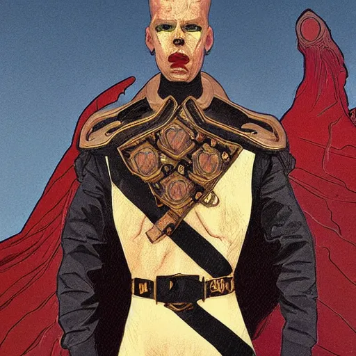 Image similar to portrait of rubbery, gaunt albino mutant with moist skin, sharp features, large lips, huge black eyes and determined expression, wearing fascist Byzantine police uniform and standing on Dune docks, science fiction concept art by Anato Finnstark, Alphonse Mucha, and Greg Rutkowski