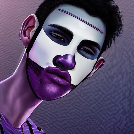 Image similar to professional digital art of a stylish young adult man with short dyed hair, a black face mask, earrings, and striped clothes, high quality, HD, 8K, highly detailed, award-winning, sci-fi, fantasy, movie character, dark purple clouds