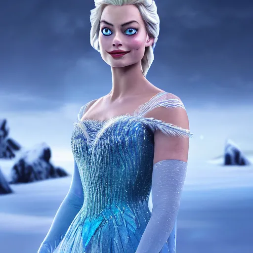 Image similar to Margot Robbie as Elsa in disney frozen live action, 8k full HD photo, cinematic lighting, anatomically correct, oscar award winning, action filled, correct eye placement,