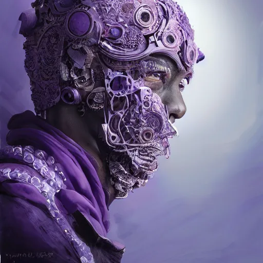 Prompt: Very very very very highly detailed epic central composition portrait of face with venetian mask, purple, intricate, dystopian, sci-fi, extremely detailed, digital painting, artstation, concept art, smooth, sharp focus, illustration, intimidating lighting, incredible art by Tokujin Yoshioka and Anton Pieck