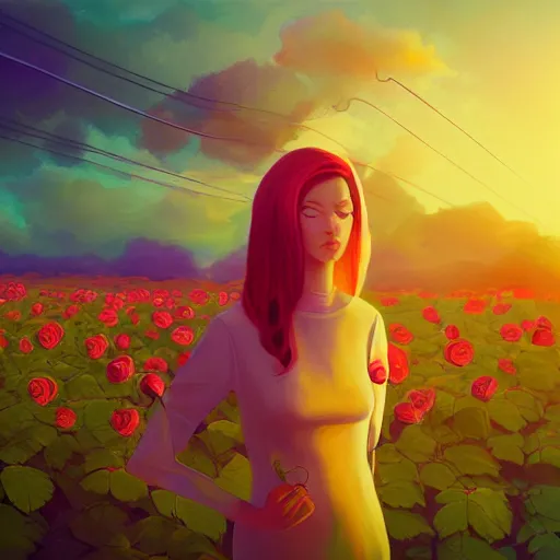 Prompt: closeup, large rose flower under head, frontal, girl in a suit, surreal photography, sunrise, dramatic light, impressionist painting, digital painting, artstation, simon stalenhag