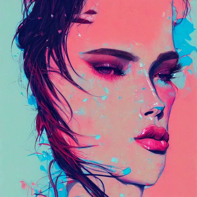 Image similar to close up portrait painting of a female in nineties street styling, concept art, intricate details, aesthetically pleasing pastel colors, art by conrad roset, impressionism, portrait