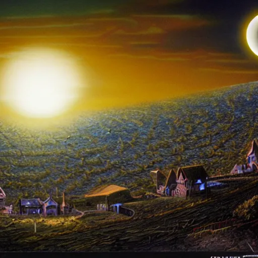 Image similar to dark solar eclipse, above a village, highly detailed, studio 4 k quality, by clyde caldwell