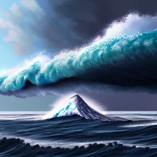 Image similar to giant tsunami wave that is 20 miles high, about to crash into a small coastal town. digital painting, higly detailed, photo realistic, intricate, large scale
