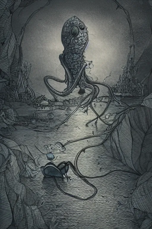 Image similar to tadpole explorer, in the style of Greg Broadmore and Arthur Rackham,trending on artstation, light lighting side view,digital art,surrealism ,macro,blueprint ,vaporwave ,