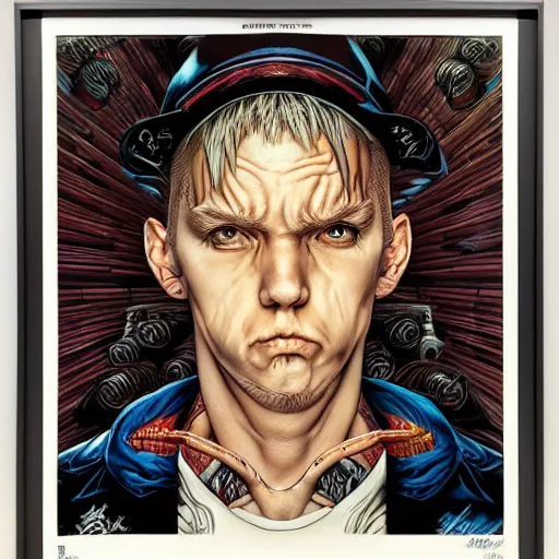 Image similar to portrait of crazy eminem, symmetrical, by yoichi hatakenaka, masamune shirow, josan gonzales and dan mumford, ayami kojima, takato yamamoto, barclay shaw, karol bak, yukito kishiro