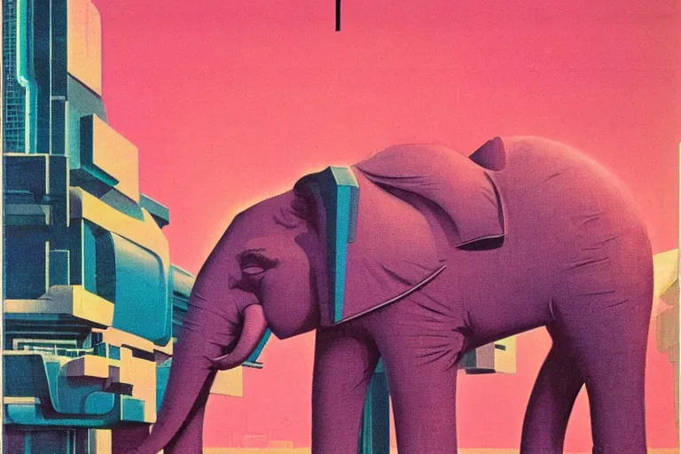 Image similar to 1979 OMNI Magazine Cover of a pink elephant. in cyberpunk style by Vincent Di Fate