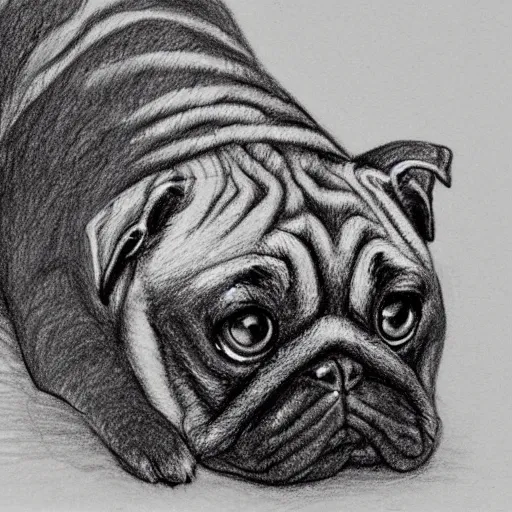 Prompt: sketchbook pencil drawing of a pug centipede, photo