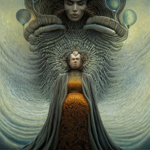 Prompt: QUEEN OF PATIENCE, by Tomasz Alen Kopera, Shaun Tan, Andrew Ferez, Remedios Varo, Mariusz Lewandowski, hyper detailed, dramatic lighting