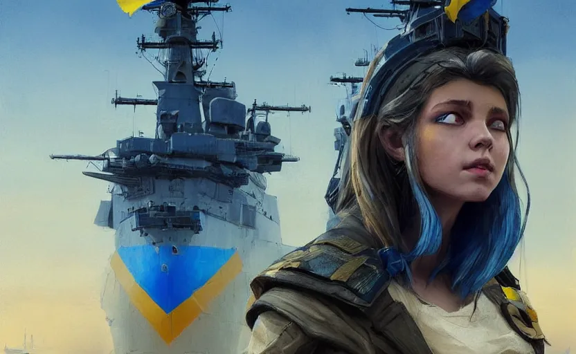 Image similar to front view of a Ukrainian girl in national clothes with blue and yellow stripes in her hair standing against a huge warship ready to fight, concept art, highly detailed, smooth, sharp focus, illustration, art by Greg Rutkowski, trending on Artstation