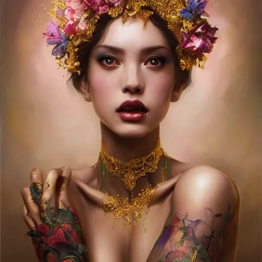 Prompt: expressive oil painting, of alluring european princess, seductive look, smirking, smooth glowing skin, glistening body, love, adoration, sweat, tattoos, ornate headpiece made from flowers, glamour shot, by yoshitaka amano, by greg rutkowski, by jeremyg lipkinng, by artgerm, digital art, octane render, grunge aesthetic