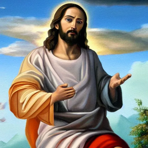 Prompt: a painting of jesus christ riding a kinton cloud, hyper realistic content, frontal hyperdetailed realistic content, remove duplicate content