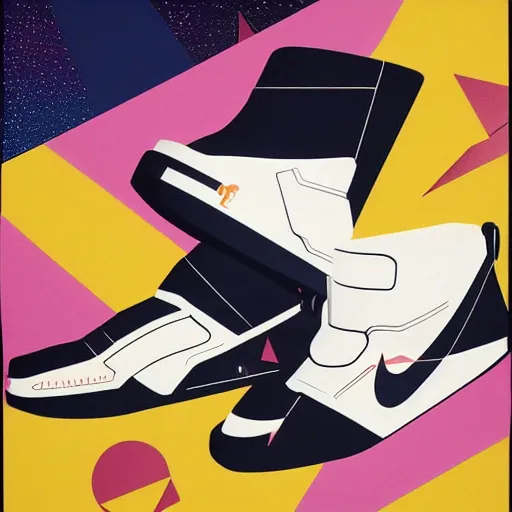 Image similar to retro futuristic Nike Space Hippie x Off-white sneakers by syd mead, matte painting, geometric shapes