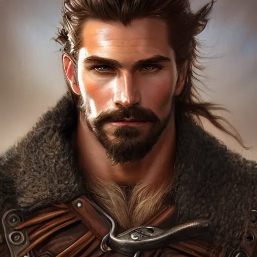 Image similar to portrait of a young, ruggedly handsome ranger, muscular, half body, leather, hairy, d & d, fantasy, intricate, elegant, highly detailed, digital painting, artstation, concept art, smooth, sharp focus, illustration, art by artgerm and greg rutkowski and alphonse mucha