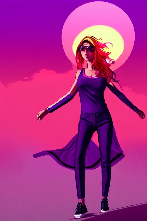 Prompt: a stunning GTA V loading screen with a beautiful dancing woman with ombre purple pink hairstyle, hair blowing in the wind, sunset mood, outrun, vaporware, retro, digital art, trending on artstation