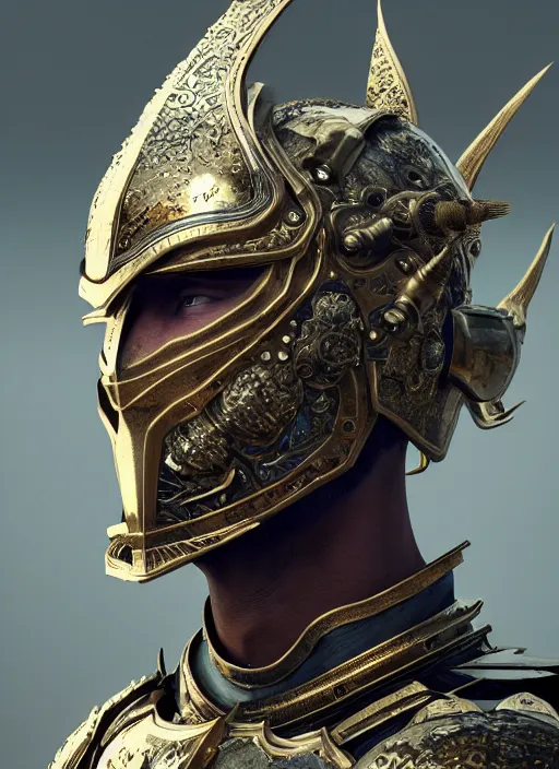 Image similar to hyperrealistic mixed media portrait of a beautiful male fantasy warrior, stunning 3d render inspired art by Mark Poole + perfect facial symmetry + dim volumetric lighting, ornate worn plate armor, 8k octane beautifully detailed render, post-processing, extremely hyperdetailed, intricate, epic composition, grim yet sparkling atmosphere, cinematic lighting + masterpiece, trending on artstation