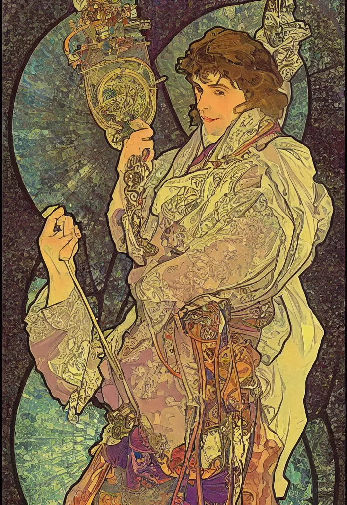 Image similar to Jurgen Schmidhuber on a tarot card, tarot in art style by Alphonse Mucha