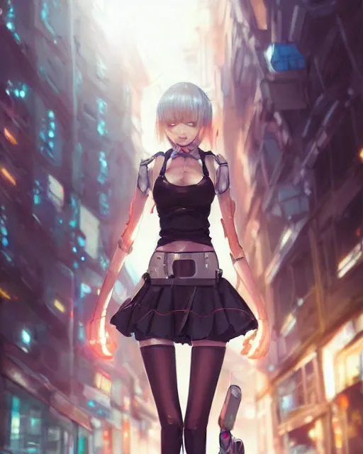 Prompt: concept art of a anime girl with robotic limbs, standing in a city center | | cute - fine - fine details by stanley artgerm lau, wlop, rossdraws, and sakimichan, trending on artstation, brush strokes