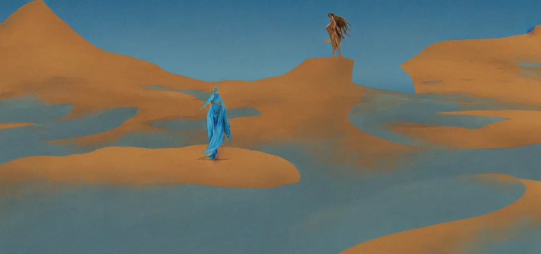 Image similar to a golden salt flat surrounded by dunes with a ruined statue of a woman emerging from the blue sand, illustrated, epic composistion, surreal flat colors, concept art